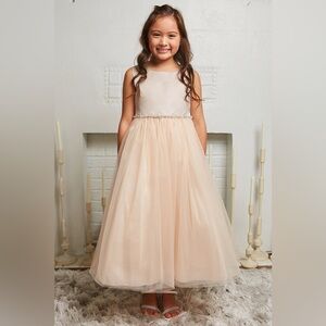 Kid’s Dream Satin Top Girls Dress with Wavy Rhinestone & Pearl Trim, Size 18.5
